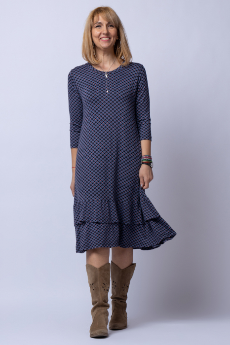 Rochie a line midi, din tricot gri cu imprimeu si doua volane poale