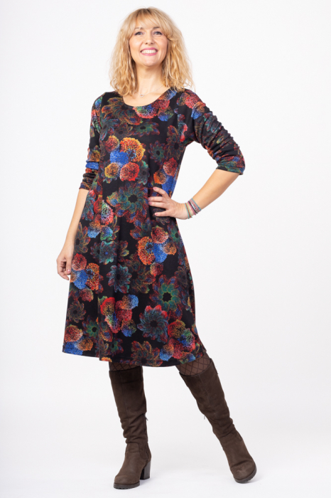 Rochie a line midi, imprimeu forme circulare multicolore pe fond negru