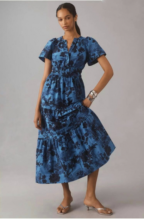 Rochie din poplin de bumbac, cu elastic in talie si volane, albastru cu bleumarin