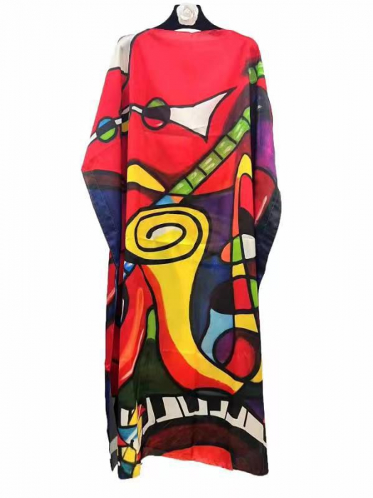 Rochie de plaja lunga tip poncho din matase cu reproducere colorata intens a lui Picasso