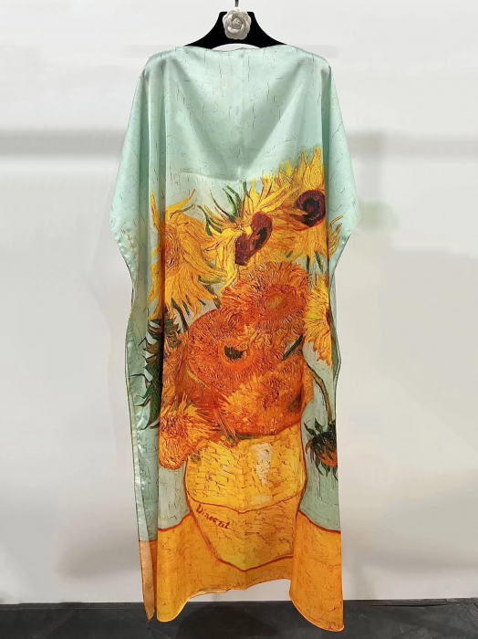 Rochie de plaja lunga tip poncho din matase cu reproducere dupa Floarea Soarelui de Van Gogh
