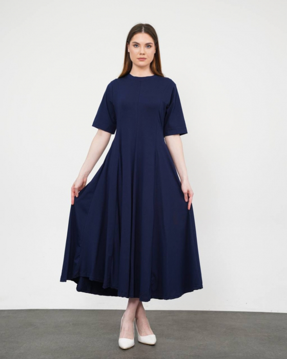 Rochie ampla, lunga clos, din jerseu de bumbac, bleumarin
