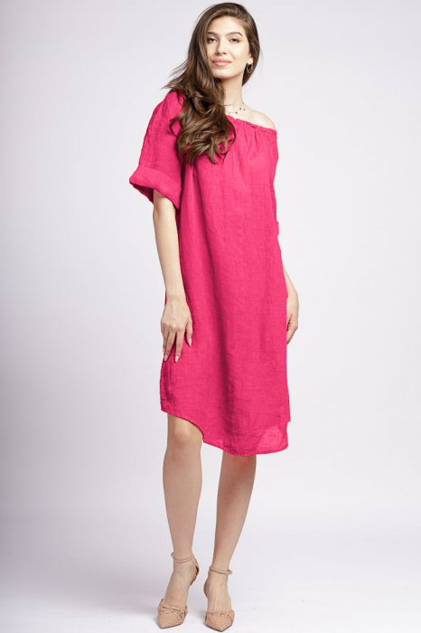 Rochie midi din in fucsia, cu decolteu pe elastic