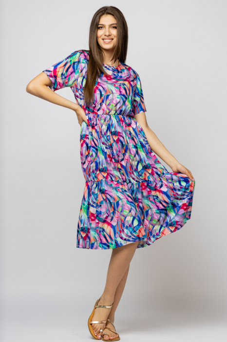 Rochie babydoll midi, cu imprimeu geometric multicolor