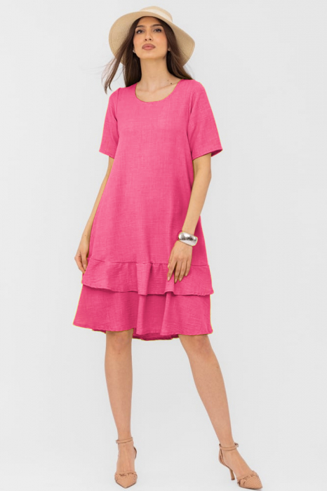 Rochie fucsia A line midi, cu doua volane poale, din in mercerizat