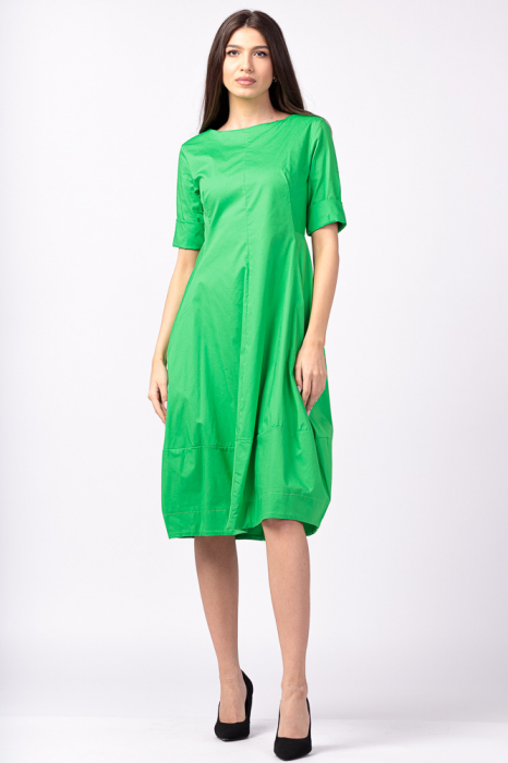 Rochie verde, lalea, cambrata, cu fermoar, din poplin de bumbac