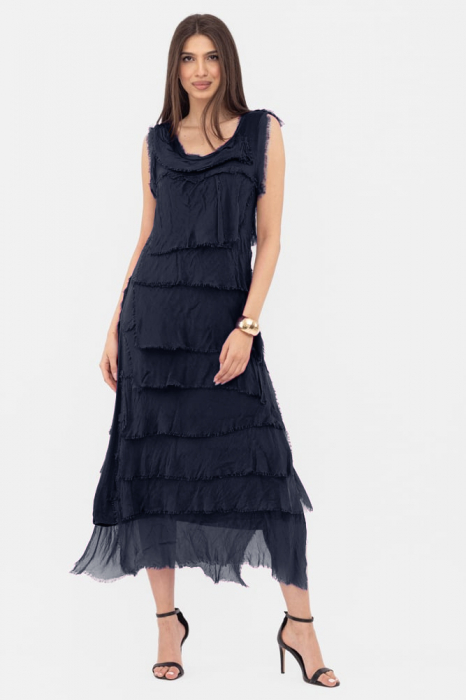 Rochie bleumarin din matase naturala cu  volane franjurate suprapuse, fara maneci
