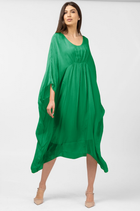 Rochie verde in colturi, lunga, ampla, din matase naturala, cu detaliu sub bust