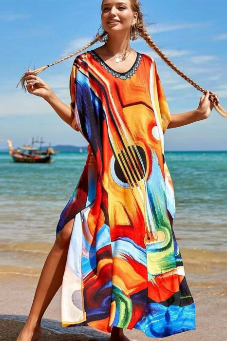 Rochie boema de plaja lunga oversize, tip poncho din bumbac si vascoza, cu imprimeu artistic-Chitara