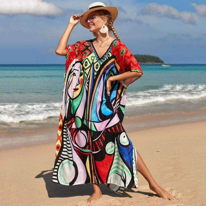 Rochie boema de plaja lunga oversize, tip poncho din bumbac si vascoza, cu imprimeu artistic-Picasso