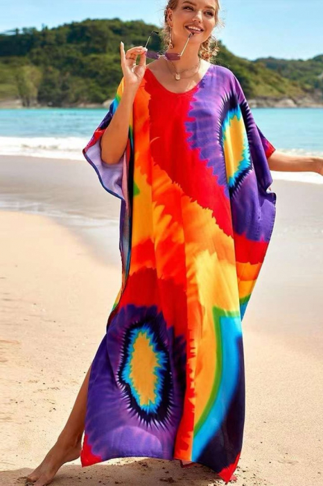 Rochie boema de plaja lunga oversize, tip poncho din bumbac si vascoza, cu imprimeu pictural