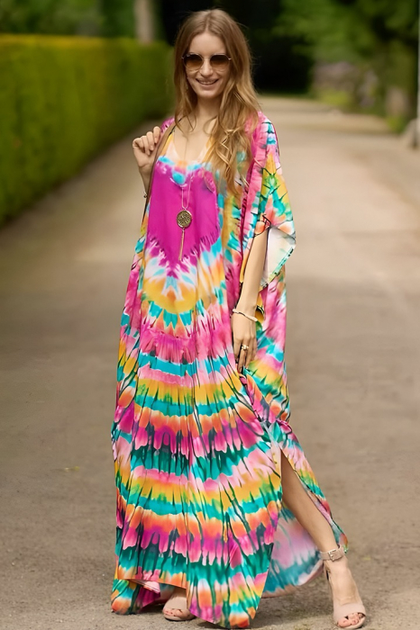 Rochie boema de plaja lunga oversize, tip poncho din bumbac si vascoza, cu imprimeu Tie-Dye