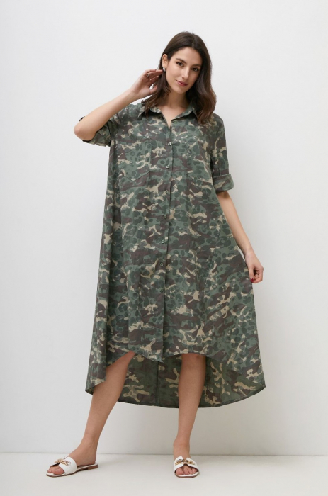 Rochie camasa A-line, army, din tesatura fina de bumbac