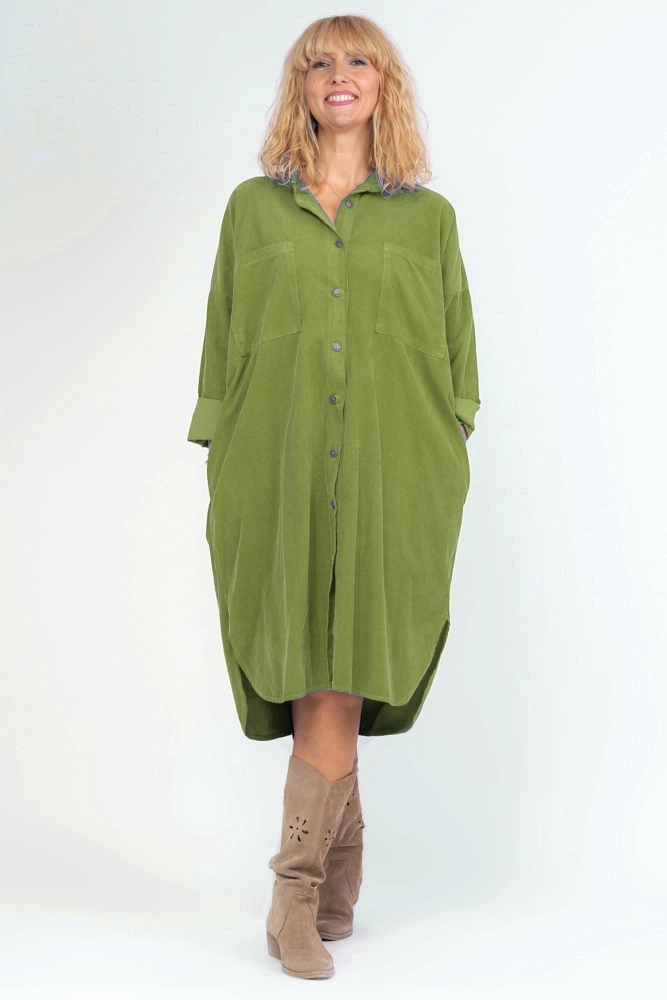 Rochie camasa cu buzunare pe piept din catifea reiata, verde olive