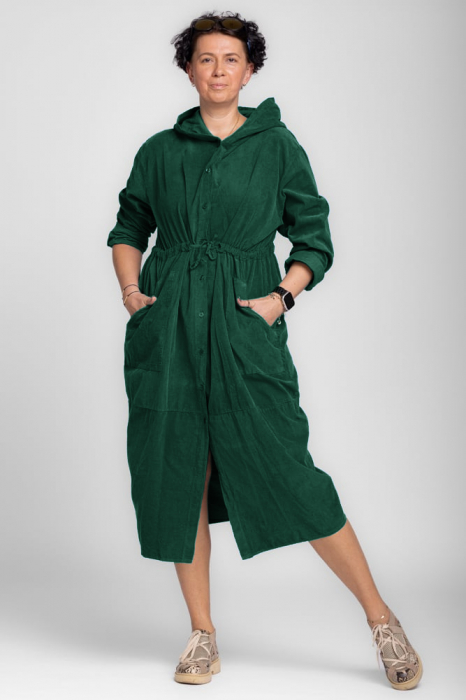 Rochie camasa din catifea reiata cu gluga si siret in talie, verde gucci