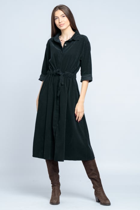 Rochie camasa din catifea reiata, neagra, cu cordon in talie Cămașă imagine noua 2022