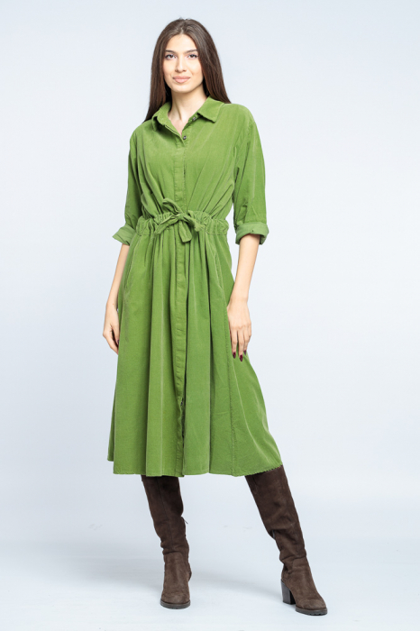 Rochie camasa din catifea reiata, verde olive, cu cordon in talie Cămașă imagine noua 2022