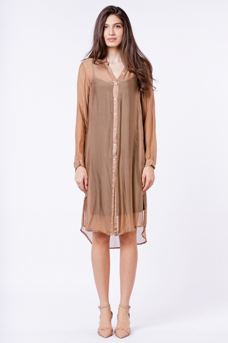 Rochie camasa din matase, camel, cu dublura