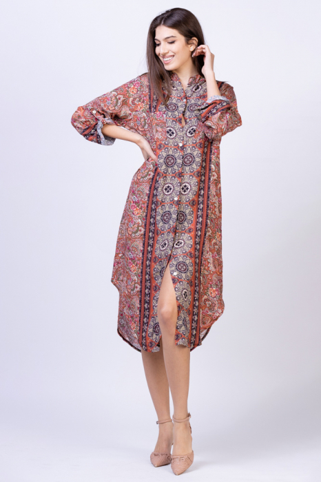 Rochie camasa din vascoza, lunga, cu imprimeu boho caramiziu