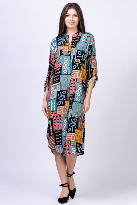 Rochie camasa din vascoza, lunga, cu imprimeu motive africane
