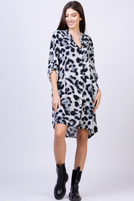 Rochie camasa din vascoza, midi, cu imprimeu animal print gri-negru animal imagine noua 2022