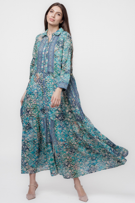 Rochie camasa, dublata, lunga, din batist de bumbac, cu imprimeu turcoaz