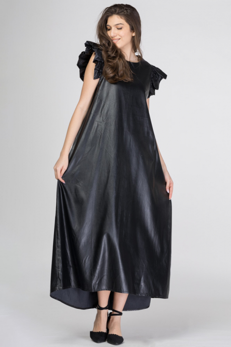 Rochie lunga a-line din piele ecologica cu maneci volan