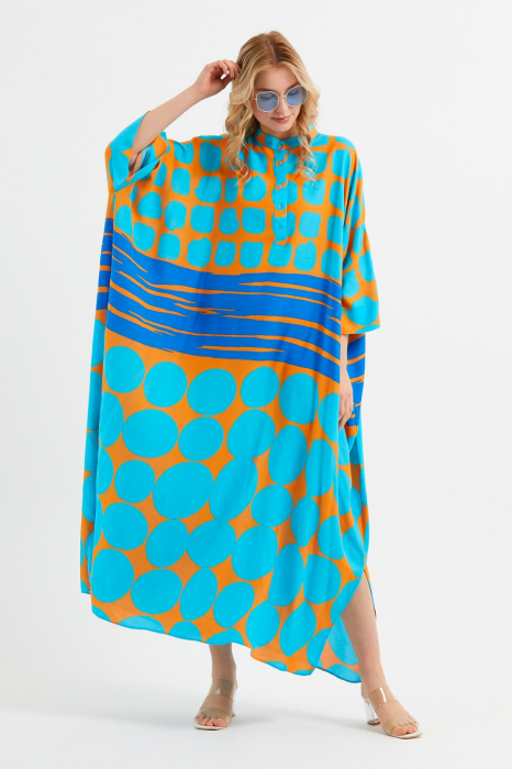 Rochie camasa oversize cu imprimeu turcoaz-orange, din vascoza