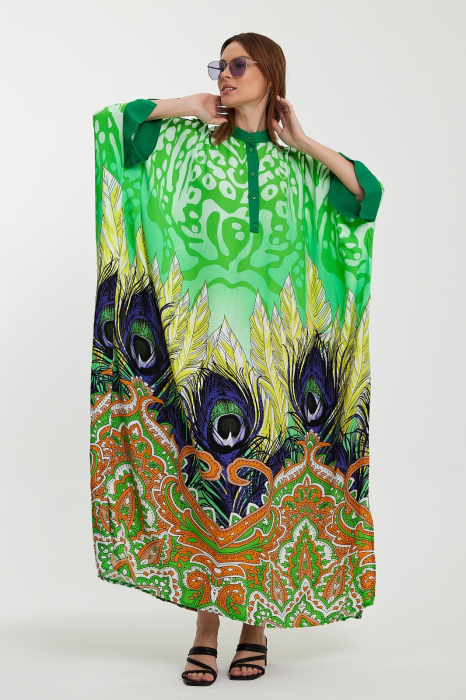 Rochie camasa oversize cu imprimeu paun, verde