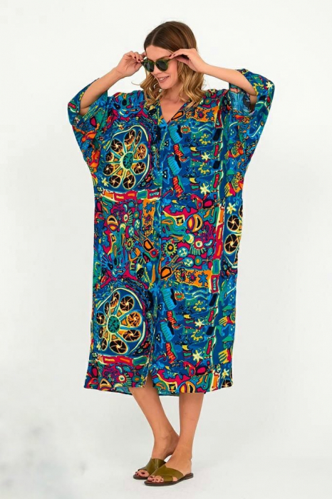 Rochie camasa oversize cu imprimeu multicolor, din vascoza