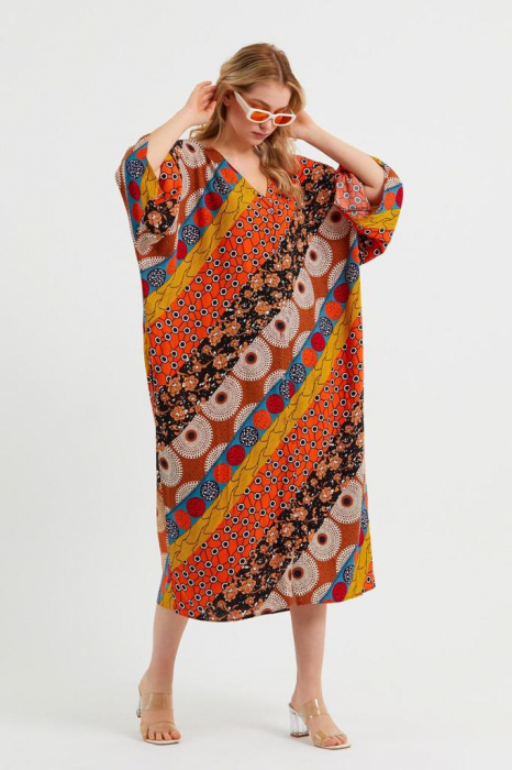 Rochie camasa oversize cu imprimeu orange, din vascoza