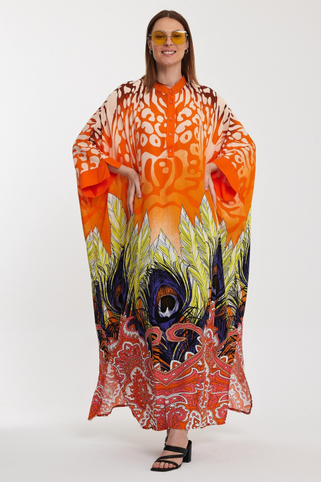 Rochie camasa oversize cu imprimeu paun, portocalie