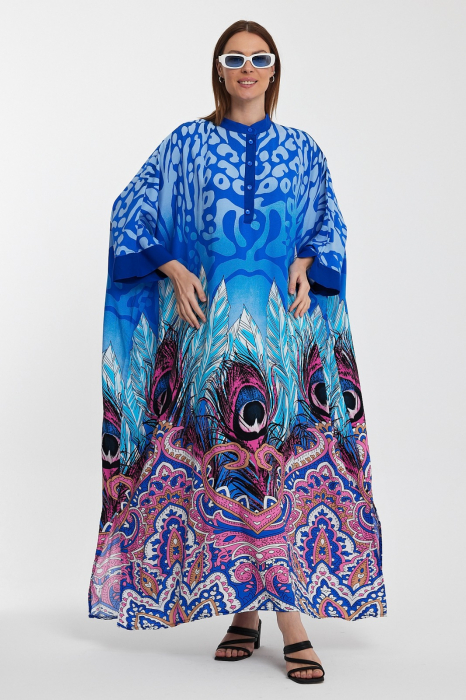 Rochie camasa oversize cu imprimeu paun, albastra