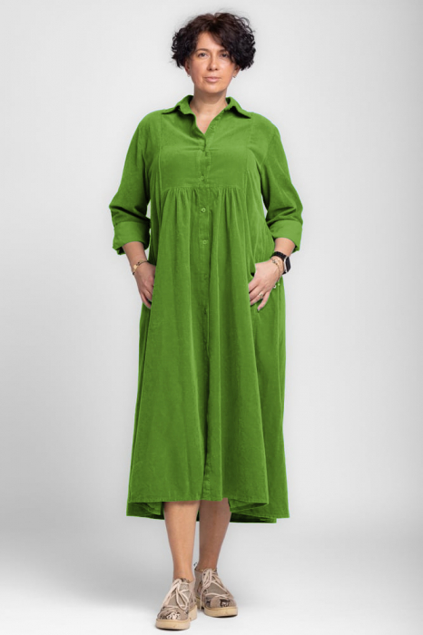 Rochie camasa verde oliv din catifea reiata, taiata in talie