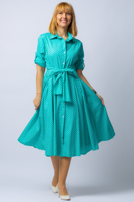 Rochie camasa verde cu bulinute, din tesatura fina de bumbac