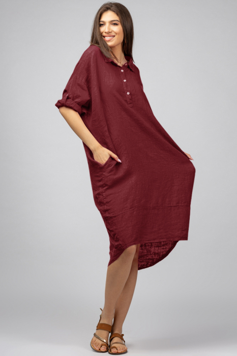 Rochie visinie din in Stella Milani cu inel metalic pe spate