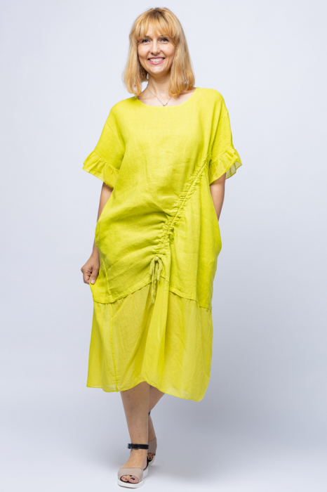 Rochie casual galbena din in, cu siret oblic si volan la maneci, stella milani