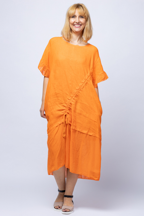 Rochie casual portocalie din in, cu siret oblic si volan la maneci, stella milani