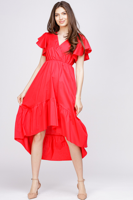 Rochie rosie cu bust petrecut si volan la maneci, din poplin