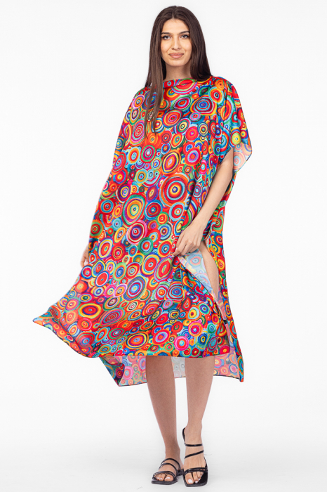 Rochie de plaja lunga tip poncho din matase cu imprimeu cercuri multicolore