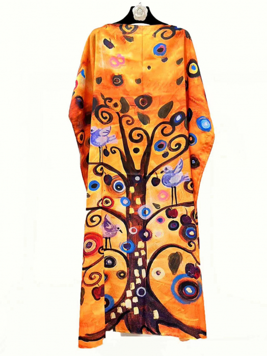 Rochie de plaja lunga tip poncho din matase cu reproducere dupa Pomul Vietii - Gustav Klimt