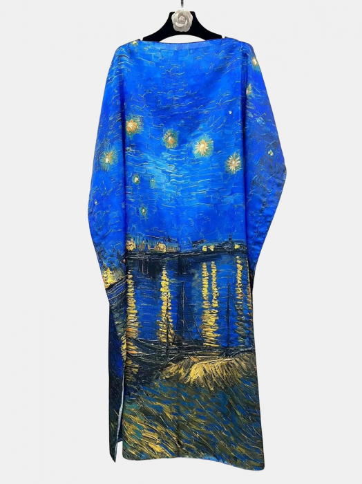 Rochie de plaja lunga tip poncho din matase cu reproducere dupa    Noapte Instelata deasupra Rhonului   de Claude Monet