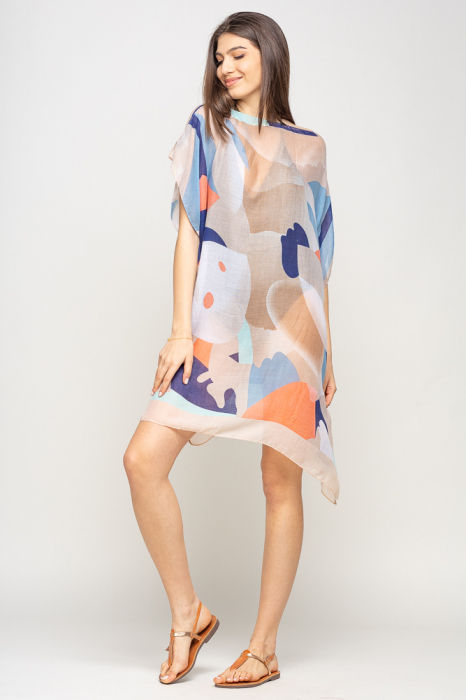 Rochie de plaja tip poncho cu model abstract in nuante de bej, alb si albastru, vascoza