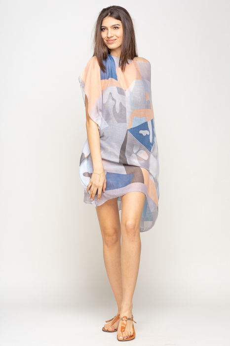 Rochie de plaja tip poncho cu model abstract in nuante de gri, albastru si bleu , vascoza