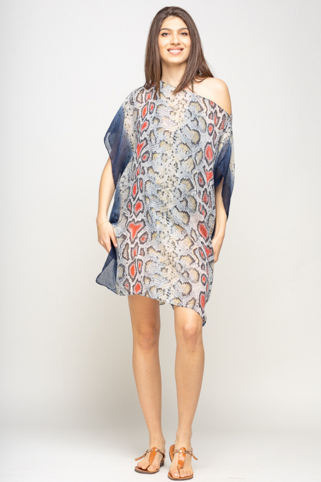 Rochie de plaja tip poncho cu model imitatie sarpe cu lateralele bleumarin, vascoza