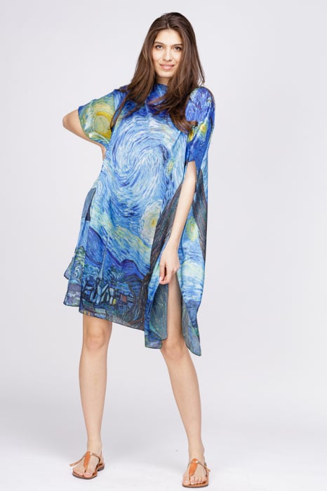 Rochie de plaja tip poncho din matase cu reproducere dupa Noaptea Instelata - de Van Gogh