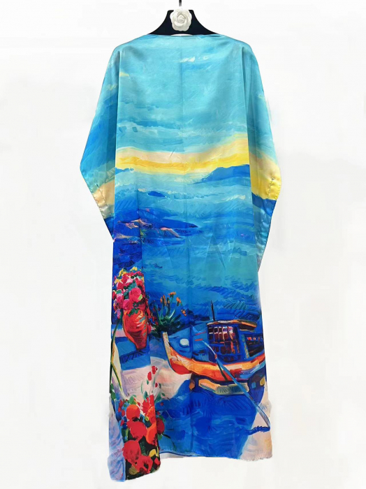 Rochie de plaja lunga tip poncho din matase cu peisaj marin pe fond albastru