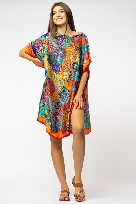 Rochie de plaja tip poncho din matase imprimat cu mandale multicolore