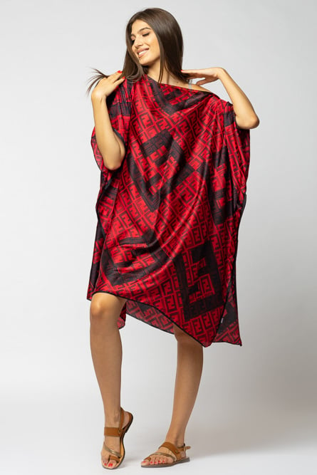 Rochie de plaja tip poncho din matase imprimat cu model geometric rosu si negru