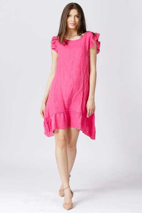 Rochie de vara cu volanas, din in, fucsia